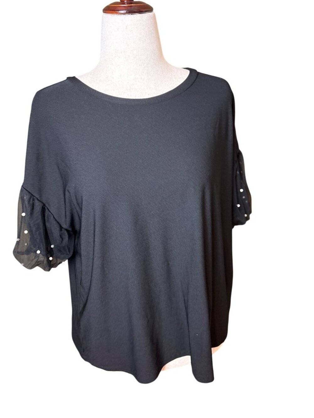 Black Top Sheer Pearl-Embellished Sleeves Round Neckline Relaxed Fit Size XL
